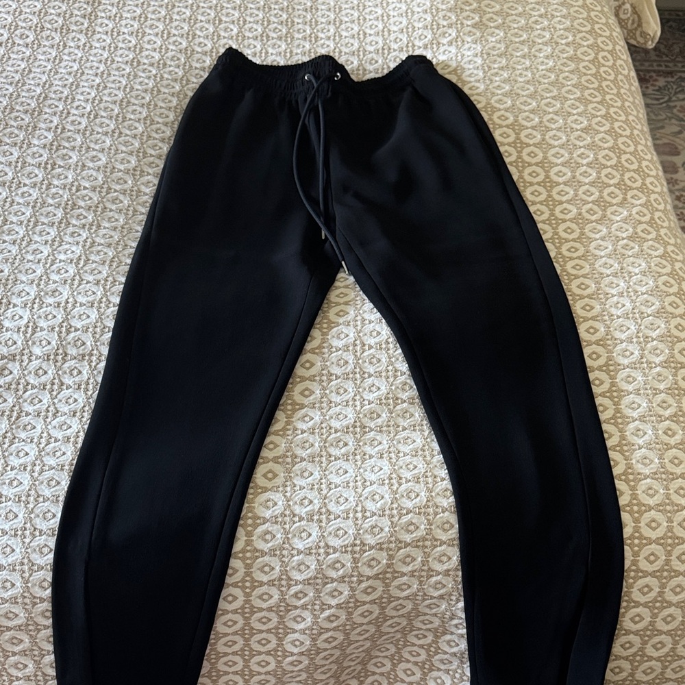 Theory Black Drawstring Crepe Pants with Ankle Slit.
